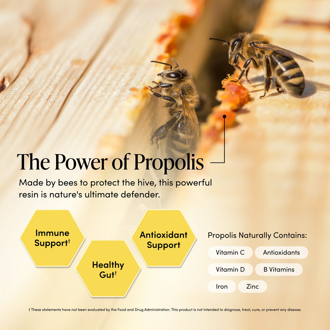 A yellow stand-up pouch of Dheespari Natural Propolis Soothing Lozenge Honey flavor, featuring a honey jar graphic and product details on a white background.