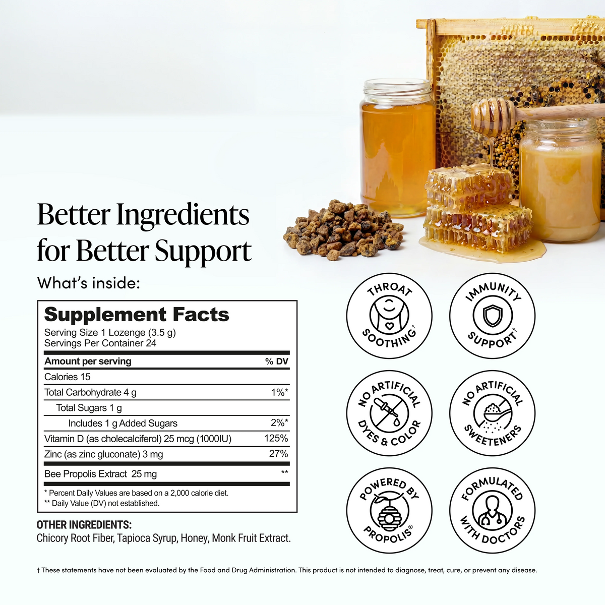 A supplement facts label for a honey-based support supplement, shown on a white background with honeycomb, honey pots, and loose honeycomb pieces. Text reads 'Better Ingredients for Better Support' and lists key benefits like throat soothing, immunity support, and no artificial dyes or colors.