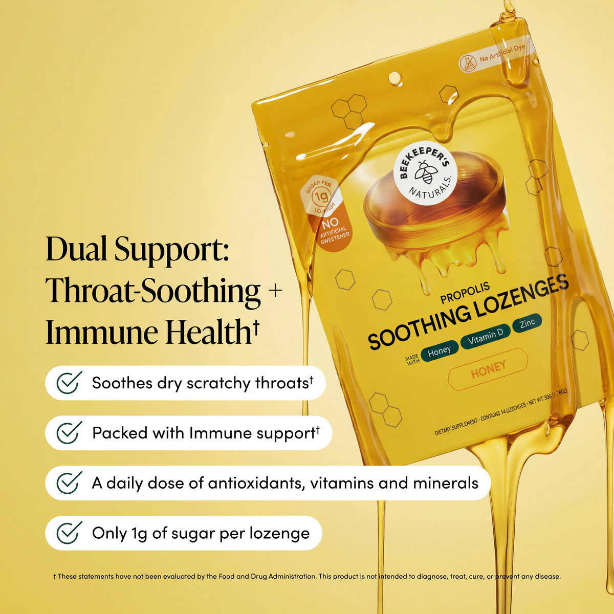 A honey packet of Beekeeper's Nature Propolis Soothing Lozenges floating on a golden yellow background with honey dripping around it. Text on the left reads 'Dual Support: Throat-Soothing + Immune Health' with bullet points about soothing dry scratchy throats, immune support, antioxidants/vitamins/minerals, and only 1g sugar per lozenge.