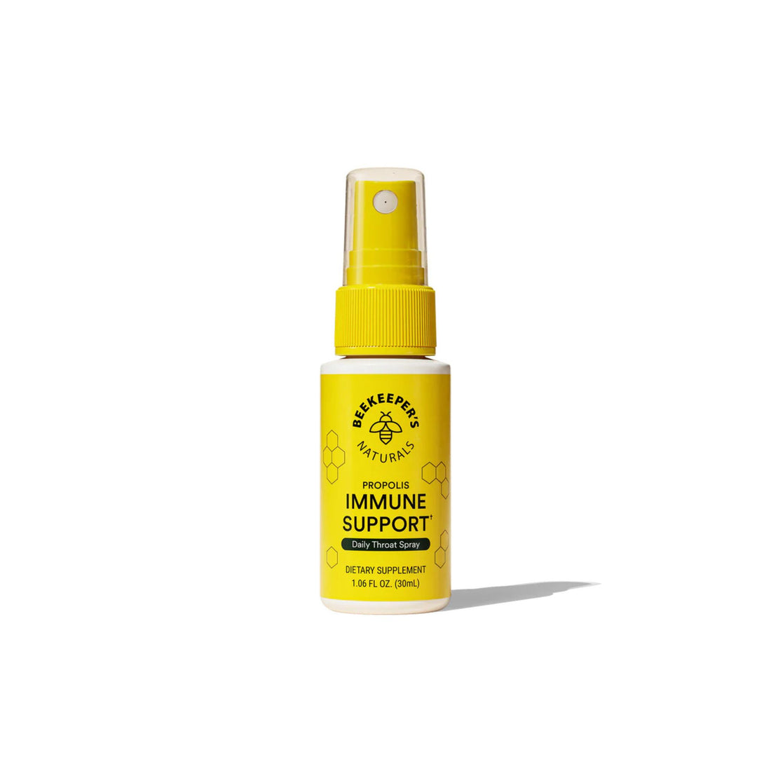 A small yellow spray bottle labeled 'Beekeeper's Natural Propolis Immune Support Daily Throat Spray' on a clean white background with a soft shadow.