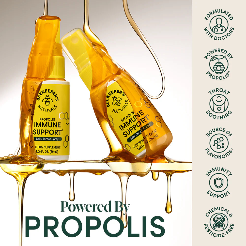 Two bottles of Beekeeper's Naturals Propolis Immune Support with propolis liquid dripping, and branded icons on a light gray background.