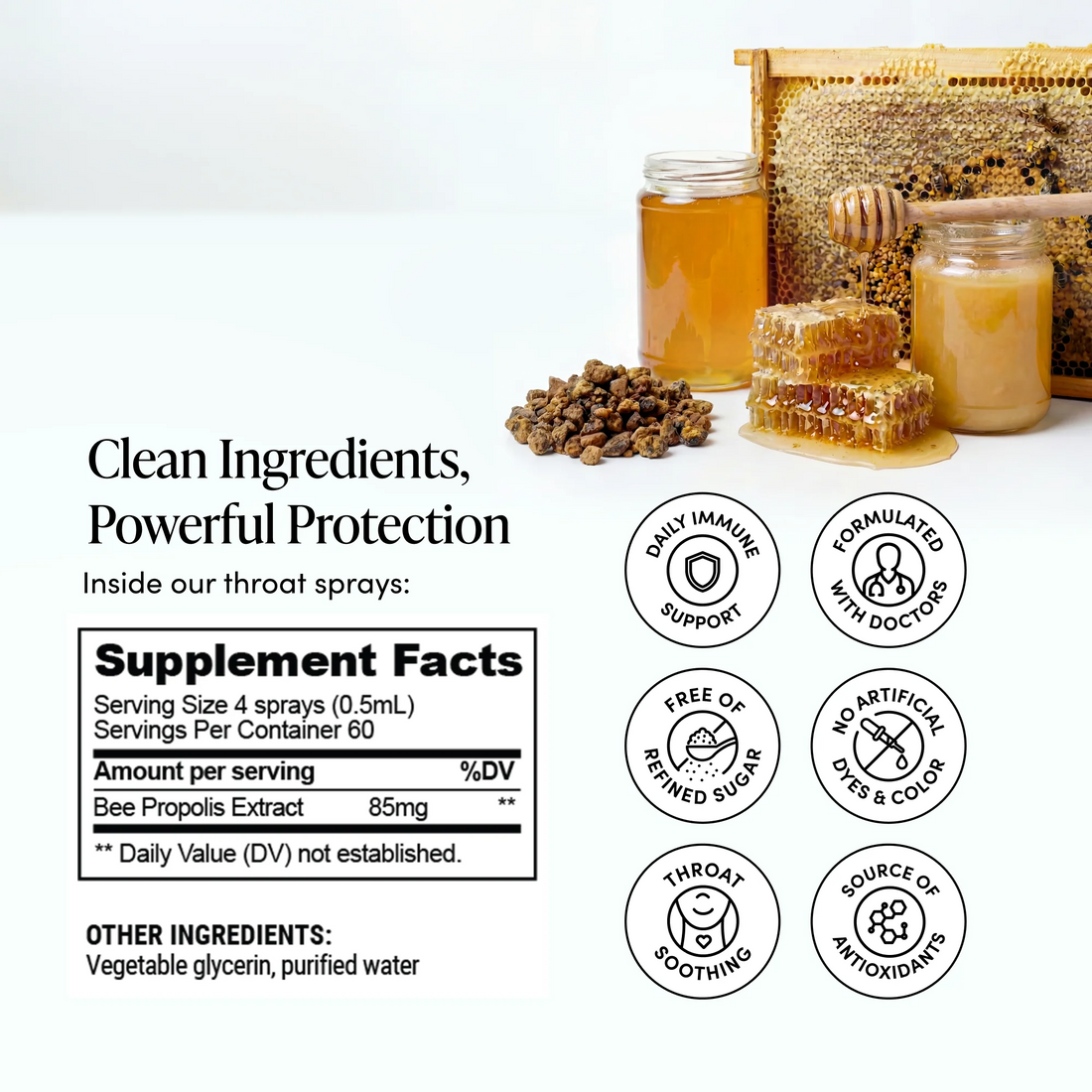 A small yellow spray bottle labeled 'Beekeeper's Natural Propolis Immune Support Daily Throat Spray' on a clean white background with a soft shadow.