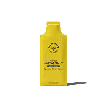 A bright yellow single-serve pouch of Be Keeps Pure Naturals Propolis + Vitamin C dietary supplement, shown on a clean white background with a soft shadow.
