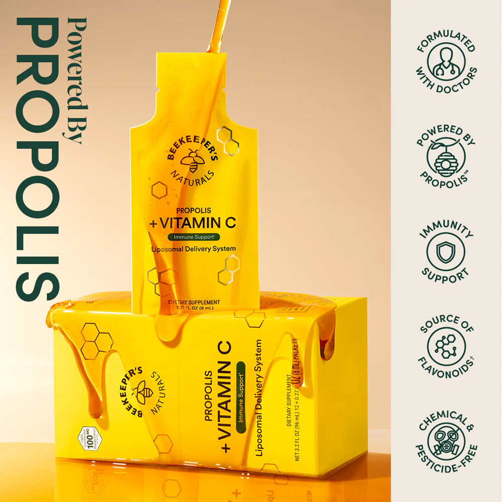 A bright yellow single-serve pouch of Be Keeps Pure Naturals Propolis + Vitamin C dietary supplement, shown on a clean white background with a soft shadow.