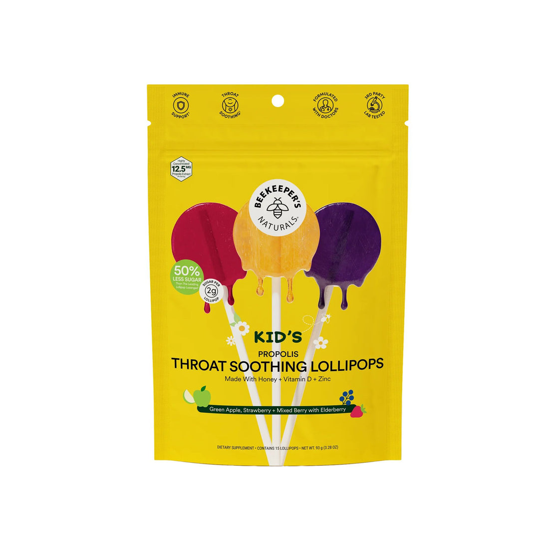 Yellow package of Beekeeper's Naturals Kids' throat soothing lollipops on a white background
