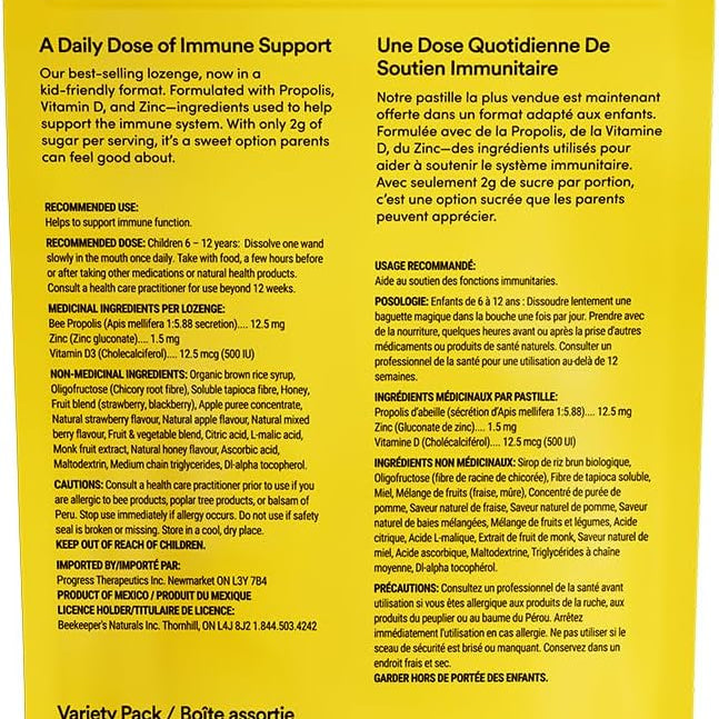 Yellow package of Beekeeper's Naturals Kids' throat soothing lollipops on a white background