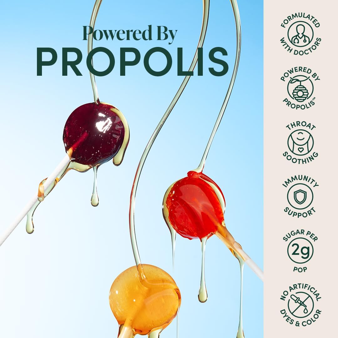 Three colorful gumballs with a propolis label on a blue background
