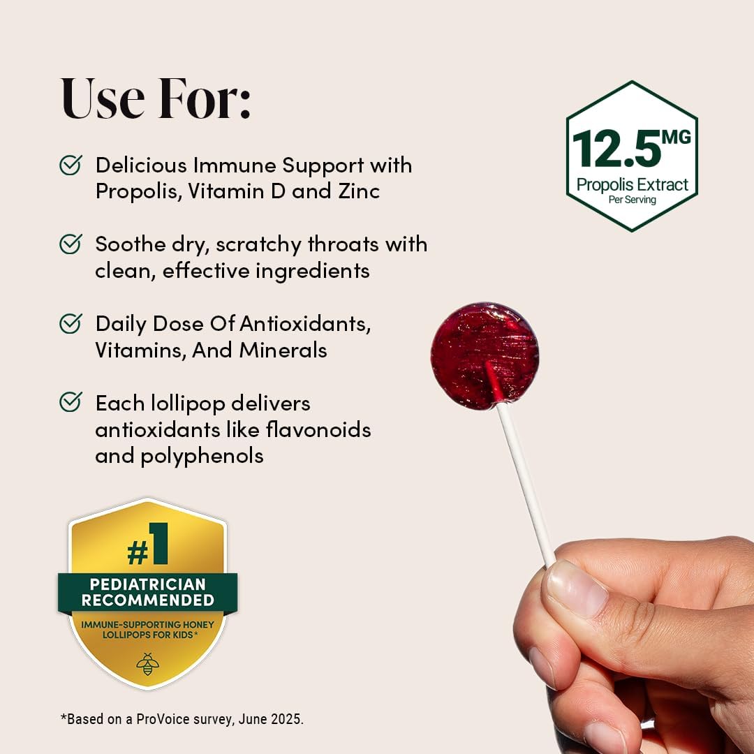 Immune-supporting honey lollipops with text on benefits and propolis content, held by a hand.
