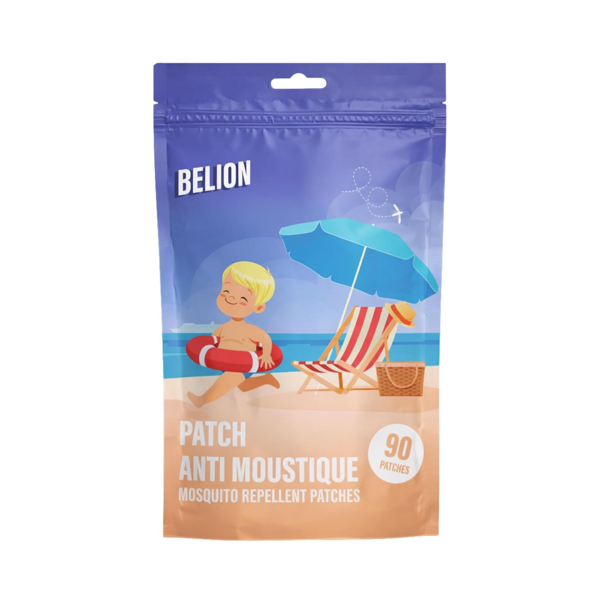 Belion mosquito repellent patches in a resealable stand-up pouch. The packaging features a blue and beige beach-themed illustration with a child, beach chair, and umbrella.