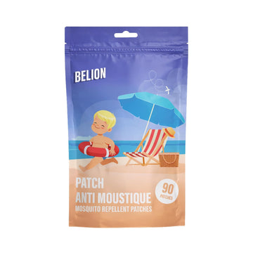 Belion mosquito repellent patches in a resealable stand-up pouch. The packaging features a blue and beige beach-themed illustration with a child, beach chair, and umbrella.