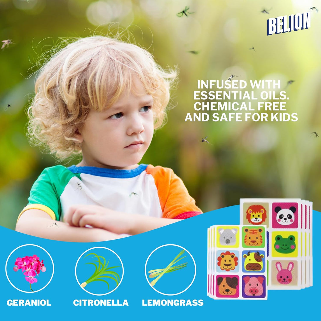 Belion mosquito repellent patches in a resealable stand-up pouch. The packaging features a blue and beige beach-themed illustration with a child, beach chair, and umbrella.