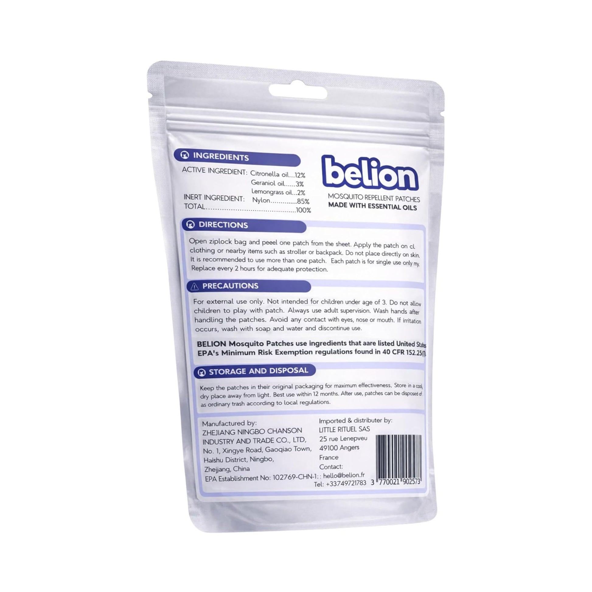Belion Mucosal Patch packaging pouch, showing the back side with ingredients, directions, precautions, and storage information on a white background.