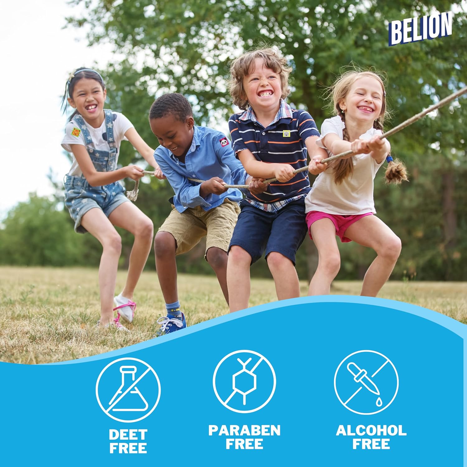 Four children playing in a grassy park with trees in the background, holding a long stick. A blue banner at the bottom features icons and text reading 'BELION', 'DEET FREE', 'PARABEN FREE', and 'ALCOHOL FREE'.
