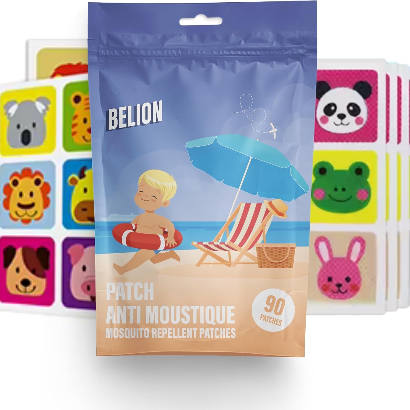 Belion mosquito repellent patches in a blue and beige stand-up pouch, with stacks of colorful animal-face patches fanned out behind it on a white background.