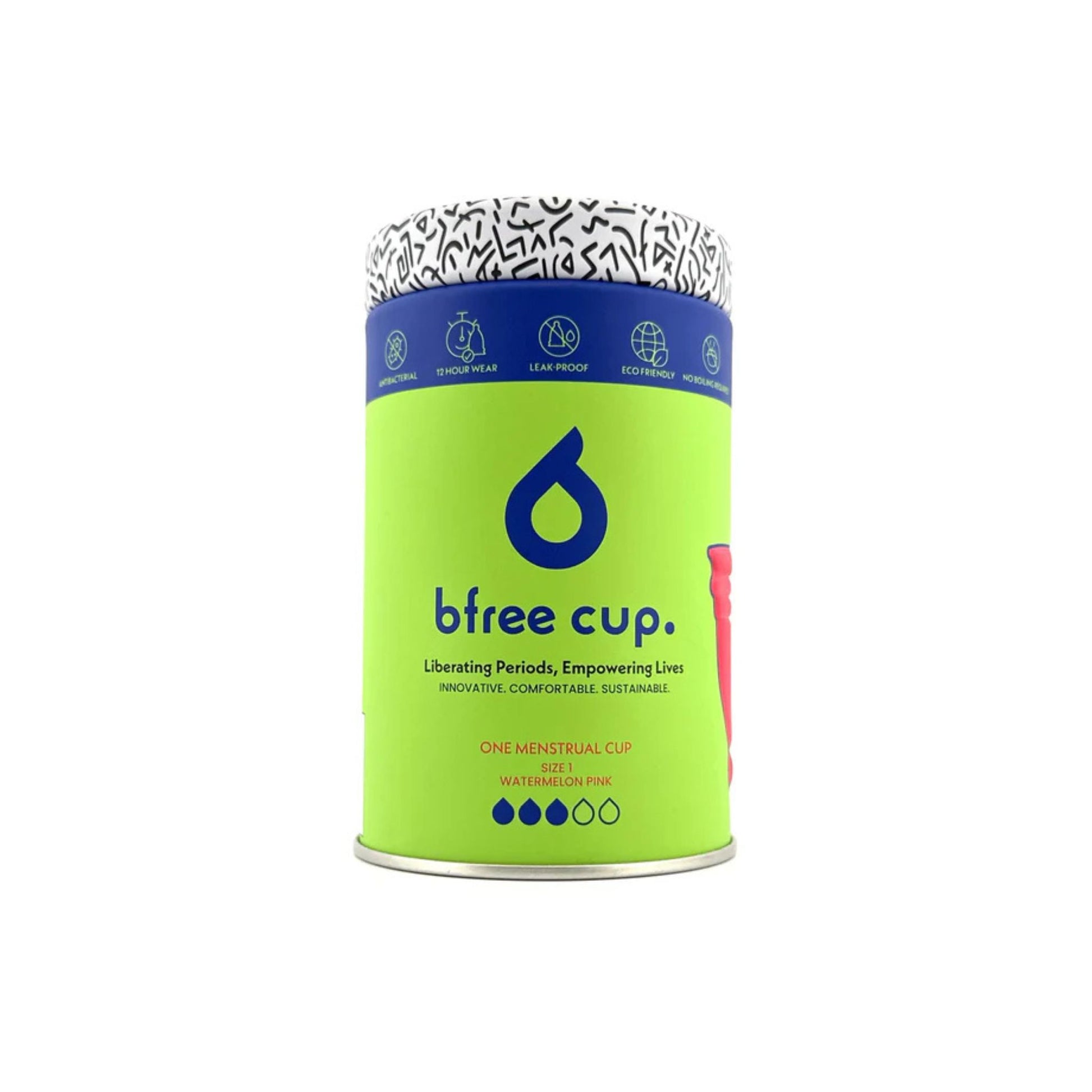 A cylindrical metal canister of bfree cup menstrual cup packaging on a solid white background. The canister features a bright lime green body with a blue logo and text, a blue band with product icons, and a patterned white lid.