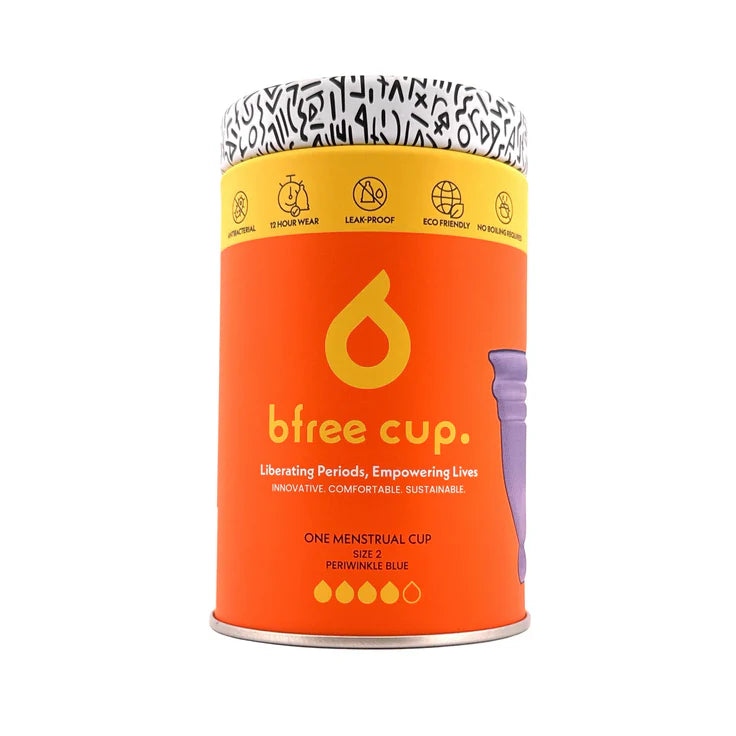 Orange container with 'bfree cup' branding on a white background
