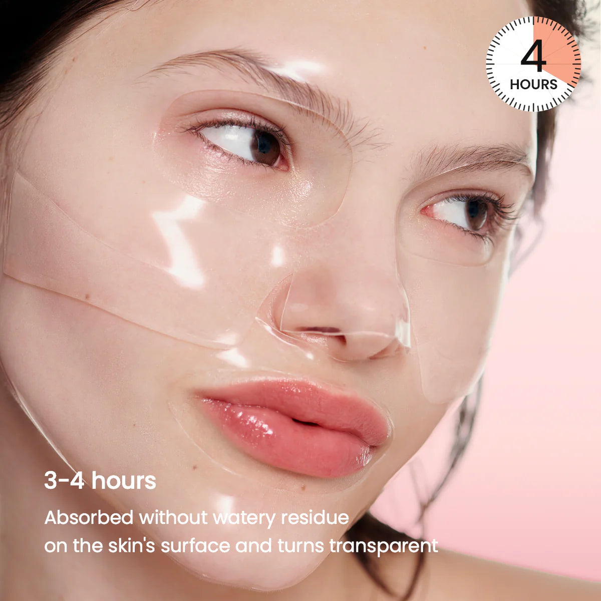 Woman's face with a transparent sheet on her skin, showing absorption over 3-4 hours.