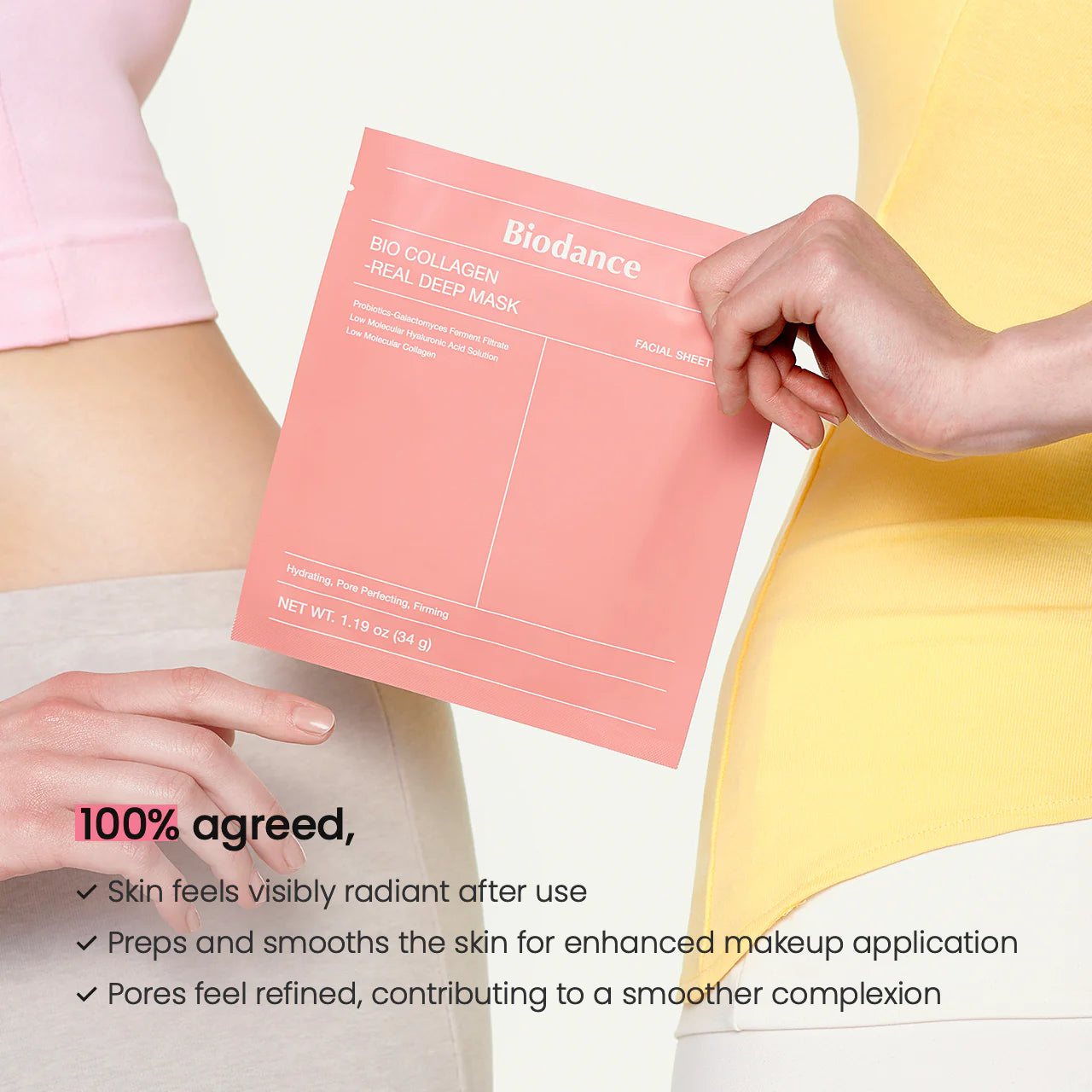 Person holding a Biodance sheet mask with product details and benefits text.