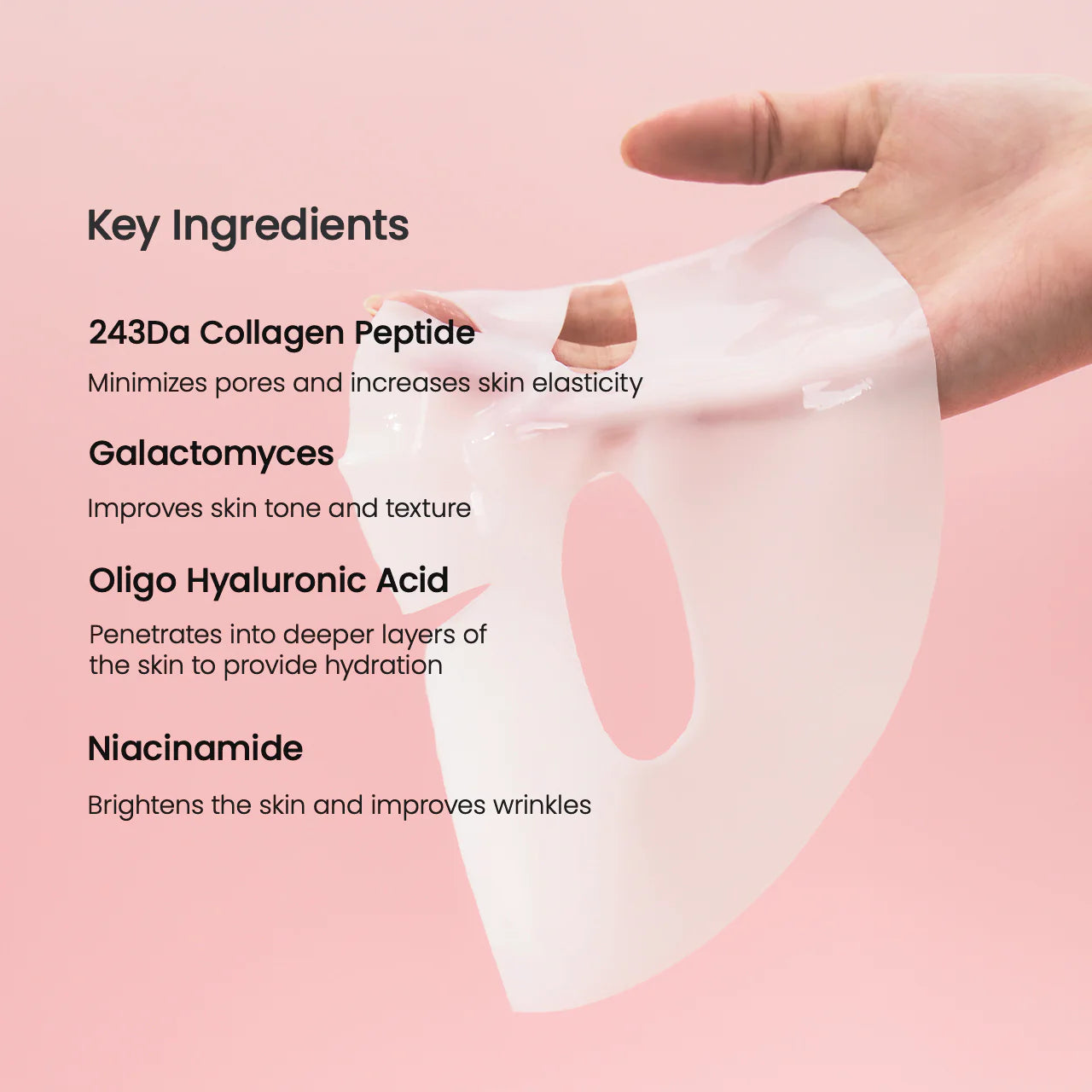 Skin care mask with key ingredients listed on a pink background