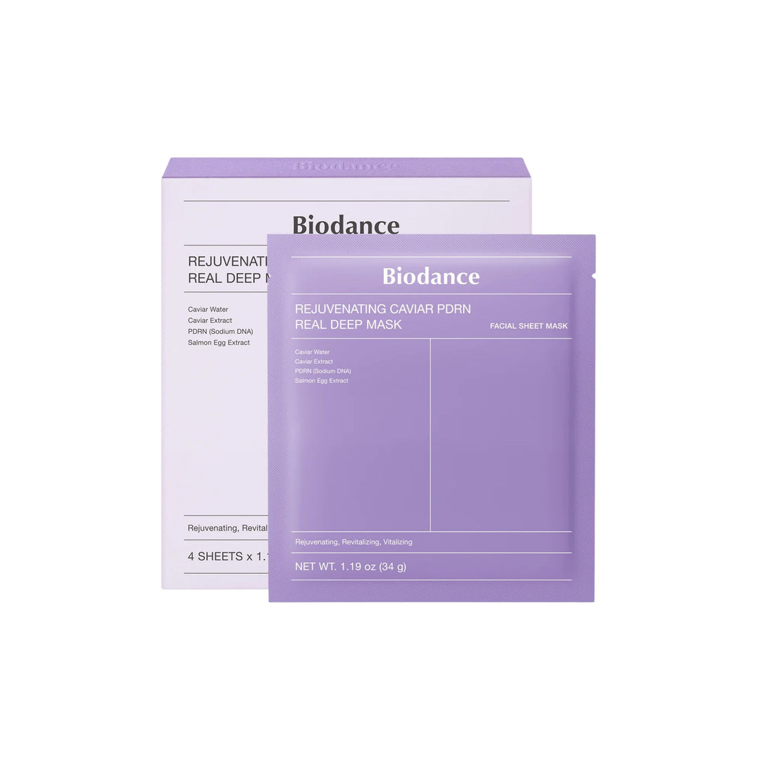 Biodance Rejuvenating Caviar PDRN Facial Sheet Mask set, showing a purple single-use packet in front of its white and purple outer box on a plain white background.