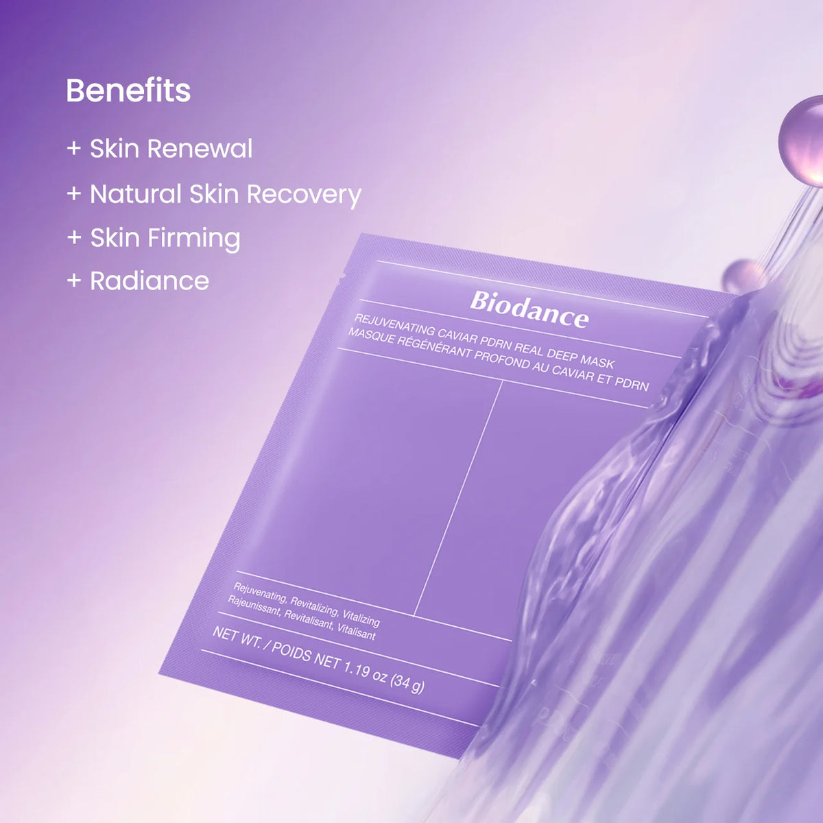 Biodance skincare mask with benefits listed on a purple background