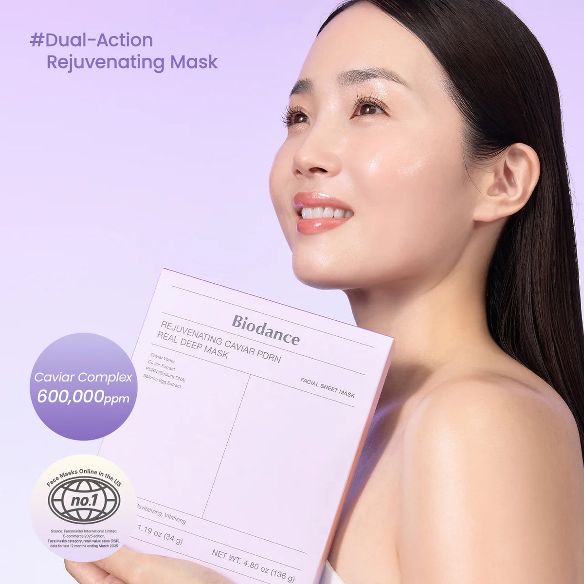 Woman holding a Biodance Dual-Action Rejuvenating Mask against a purple background