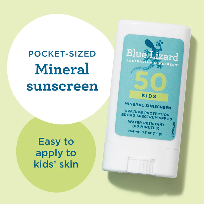 Blue Lizard Kids' sunscreen stick on a light green background