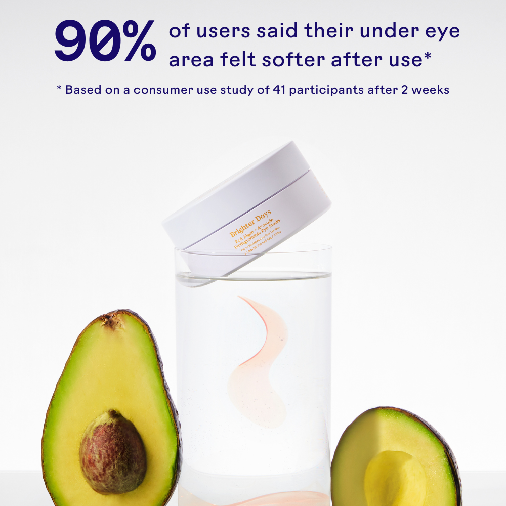 Skincare product with avocado halves on a white background