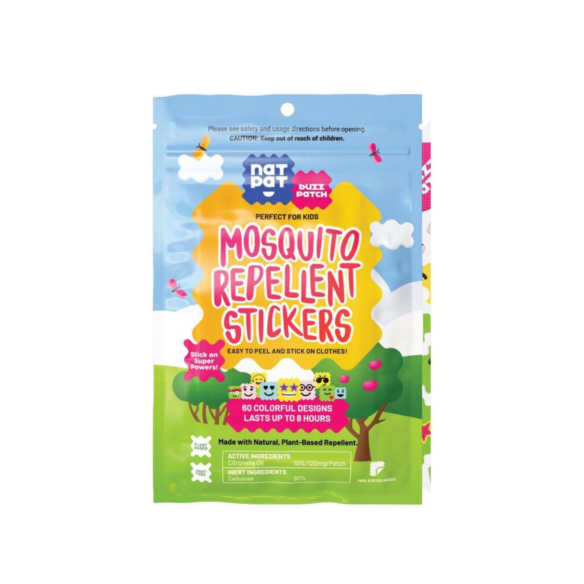 Mosquito repellent stickers packaging with colorful design on a white background