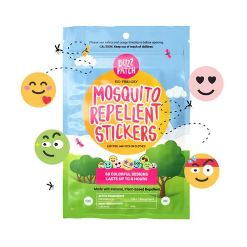 Mosquito repellent stickers packaging with colorful design on a white background