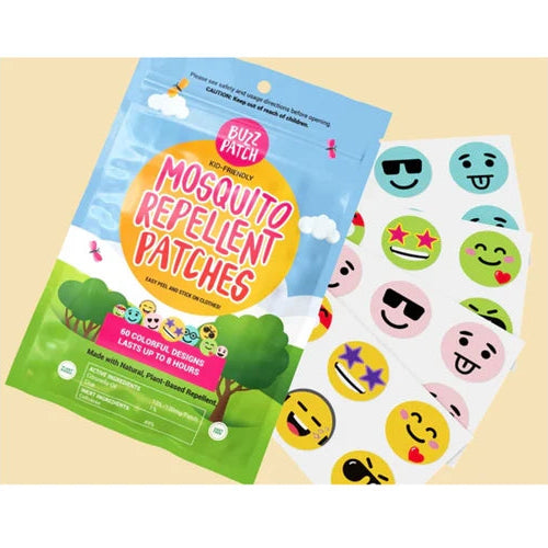 Mosquito repellent patches with colorful designs on a beige background