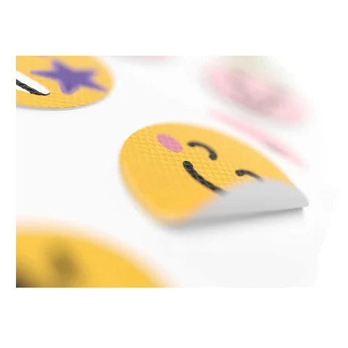 Smiley face emoji with a star on a white background