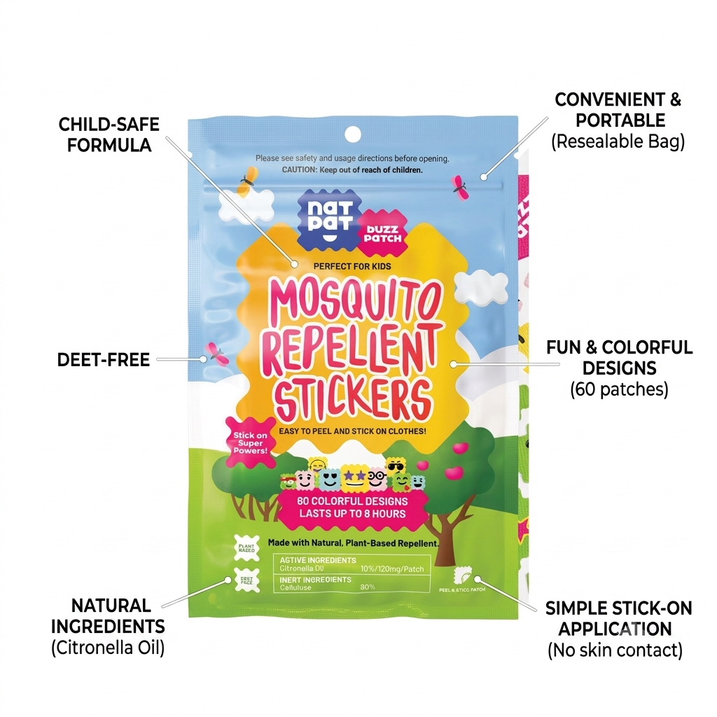 A package of NUT PUP mosquito repellent stickers for kids, surrounded by callout text labels highlighting key product features like child-safe formula, convenient resealable bag, deet-free, colorful designs, and simple application.
