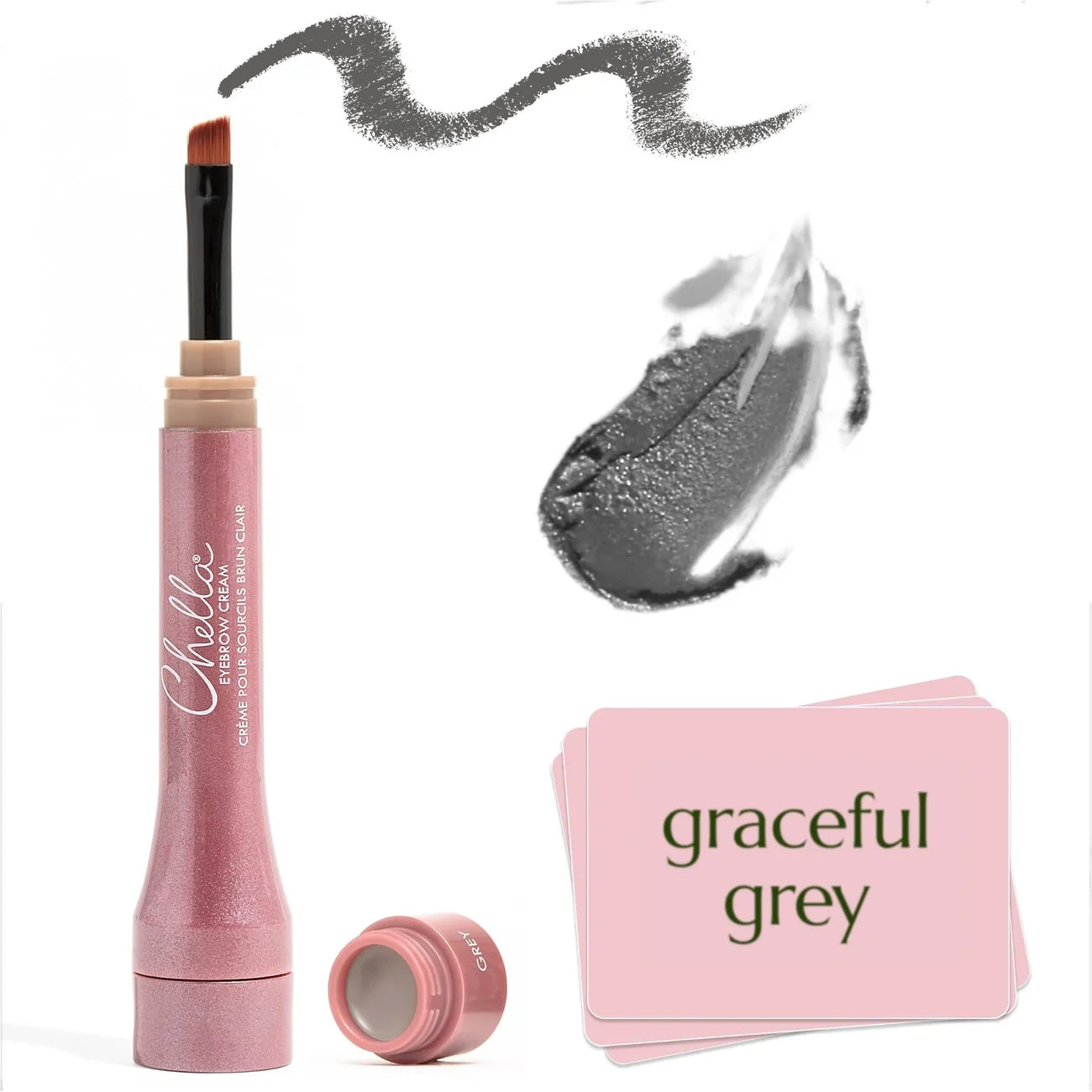 Makeup product with pink casing and 'graceful grey' text on a white background