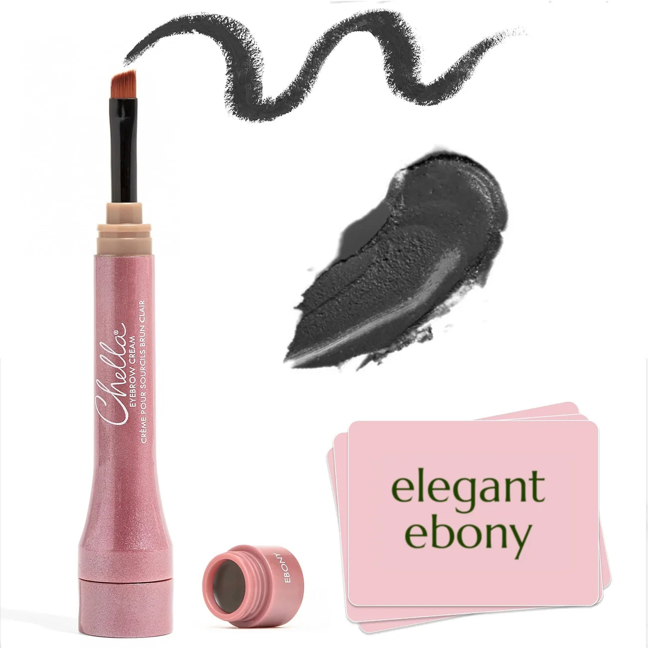 Makeup product with 'elegant ebony' color swatch on a white background