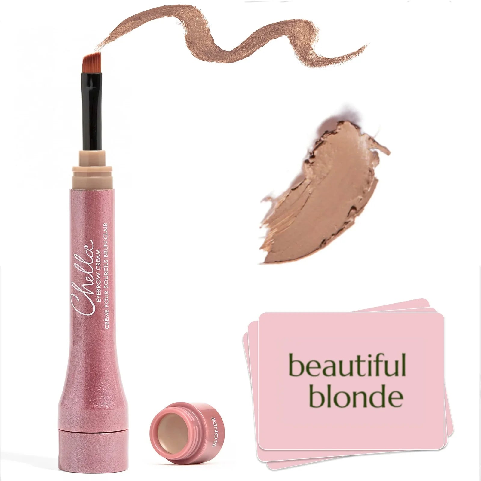 Chloé Creme Cream Clay stick in a shimmering pink tube, shown with the cap off, a makeup swatch, a color swirled above the applicator, and pink cards labeled 'beautiful blonde'.