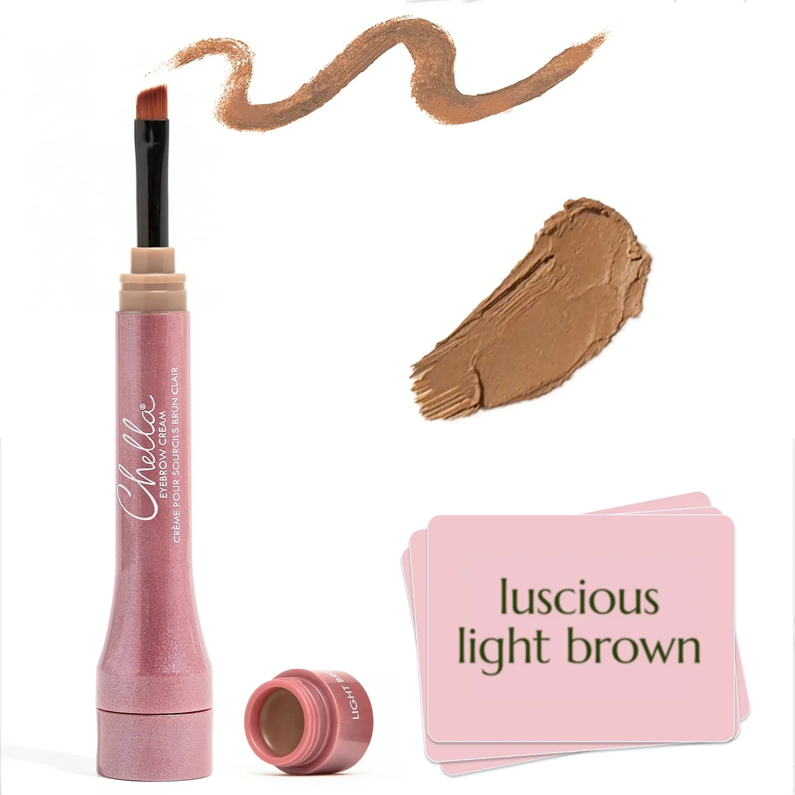 Makeup product with pink casing and brown shade, swatch, and color name card on white background