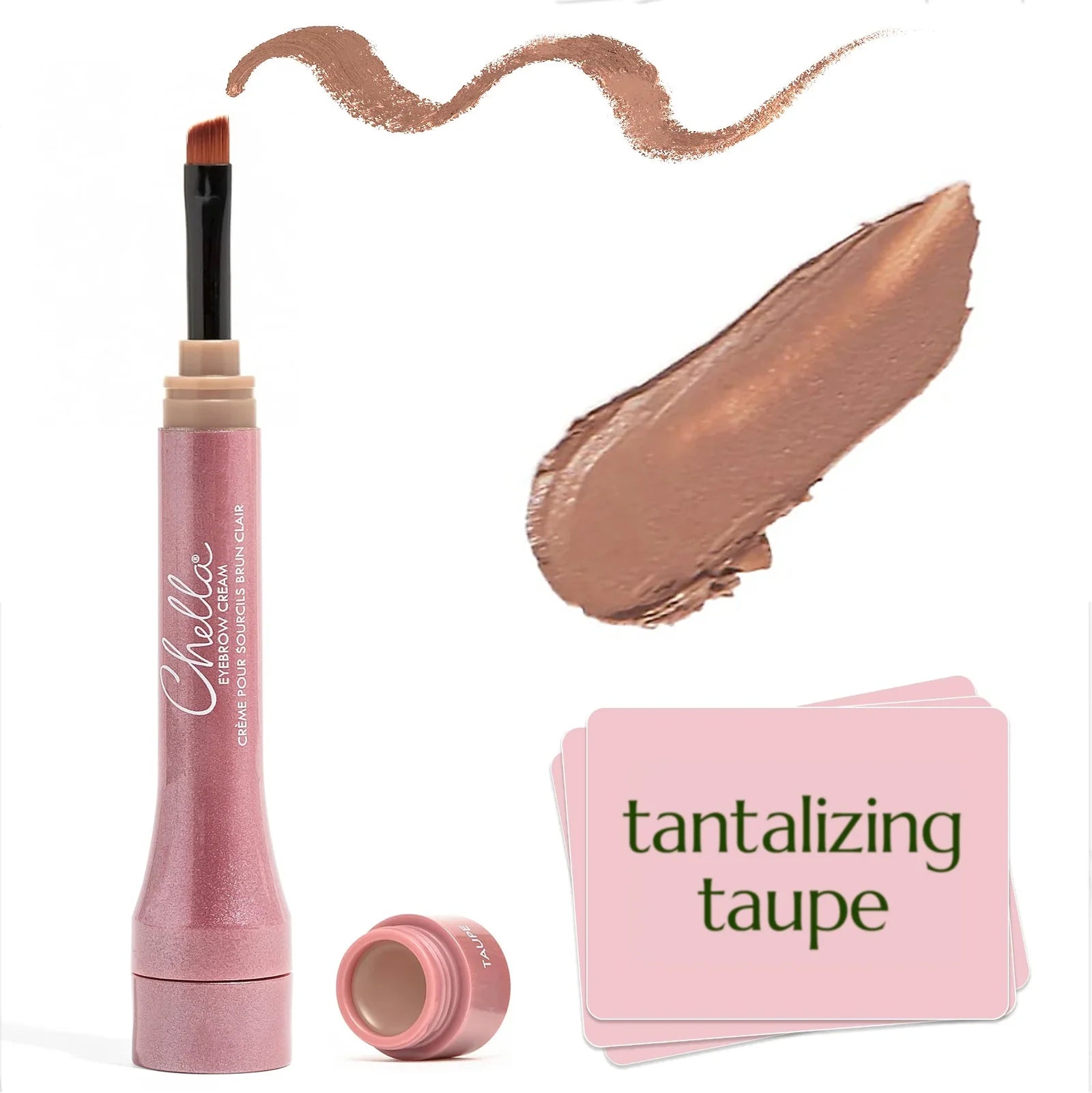 Makeup product with 'tantalizing taupe' color swatch and packaging on a white background