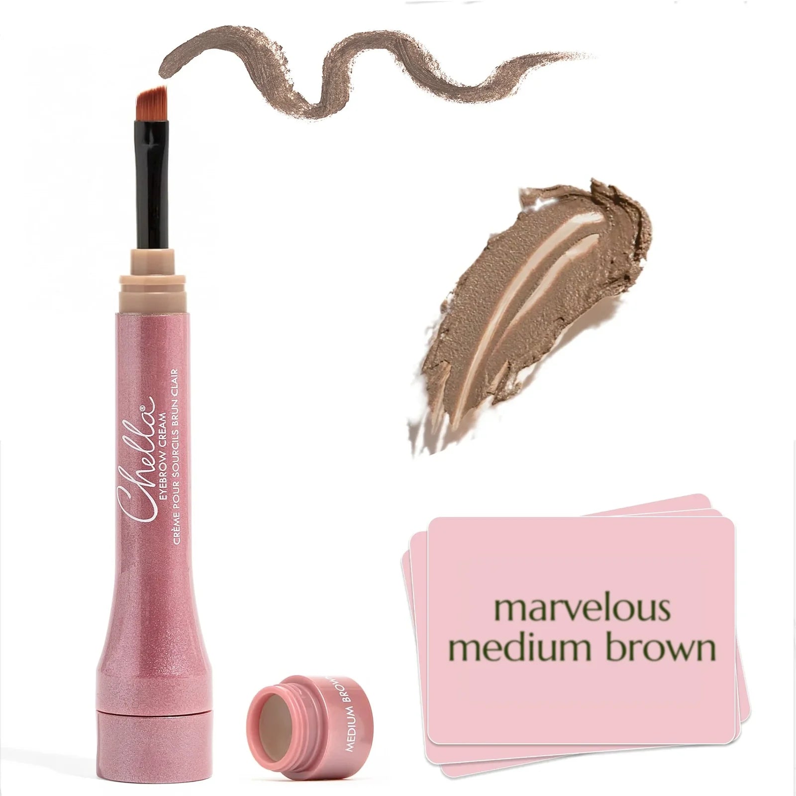 Chlo’ eyeshadow stick in the shade Marvelous Medium Brown, shown with its pink cap removed and placed beside it, along with two product swatches (one wavy line and one textured smear) and a stack of pink cards labeled 'marvelous medium brown' on a white background.