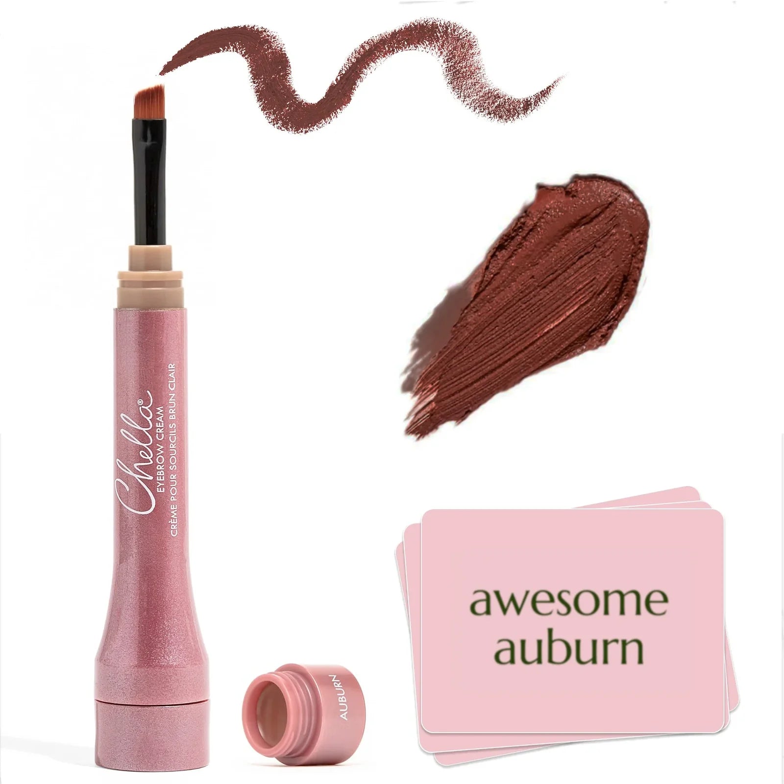 Eyebrow gel with swatch, open cap, and 'awesome auburn' card on white background