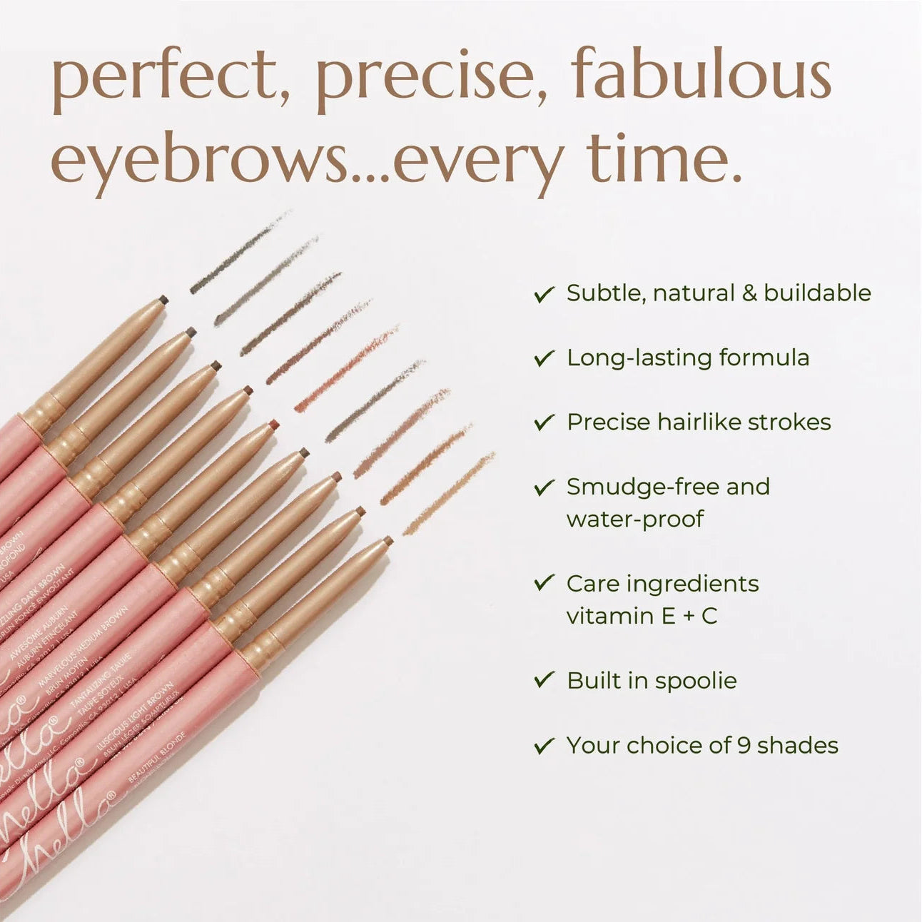 Set of pink eyebrow pencils with text highlighting features on a white background
