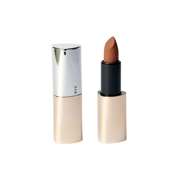 A lipstick shown open with the bullet exposed, alongside its cap placed beside it. The lipstick bullet is a warm medium brown, and the packaging features a metallic silver top, a black middle section, and a champagne-gold lower base.