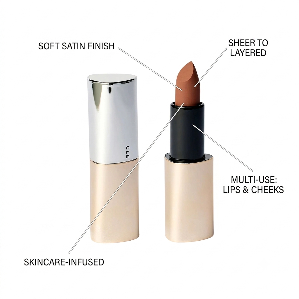 Two cosmetic tubes of lip color on a white background with callout lines and text describing finish and use: one closed tube with a silver cap and pale beige base labeled 'SOFT SATIN FINISH' and 'SKINCARE-INFUSED,' and one open tube showing a warm nude-brown lipstick bullet labeled 'SHEER TO LAYERED' and 'MULTI-USE: LIPS & CHEEKS.'.