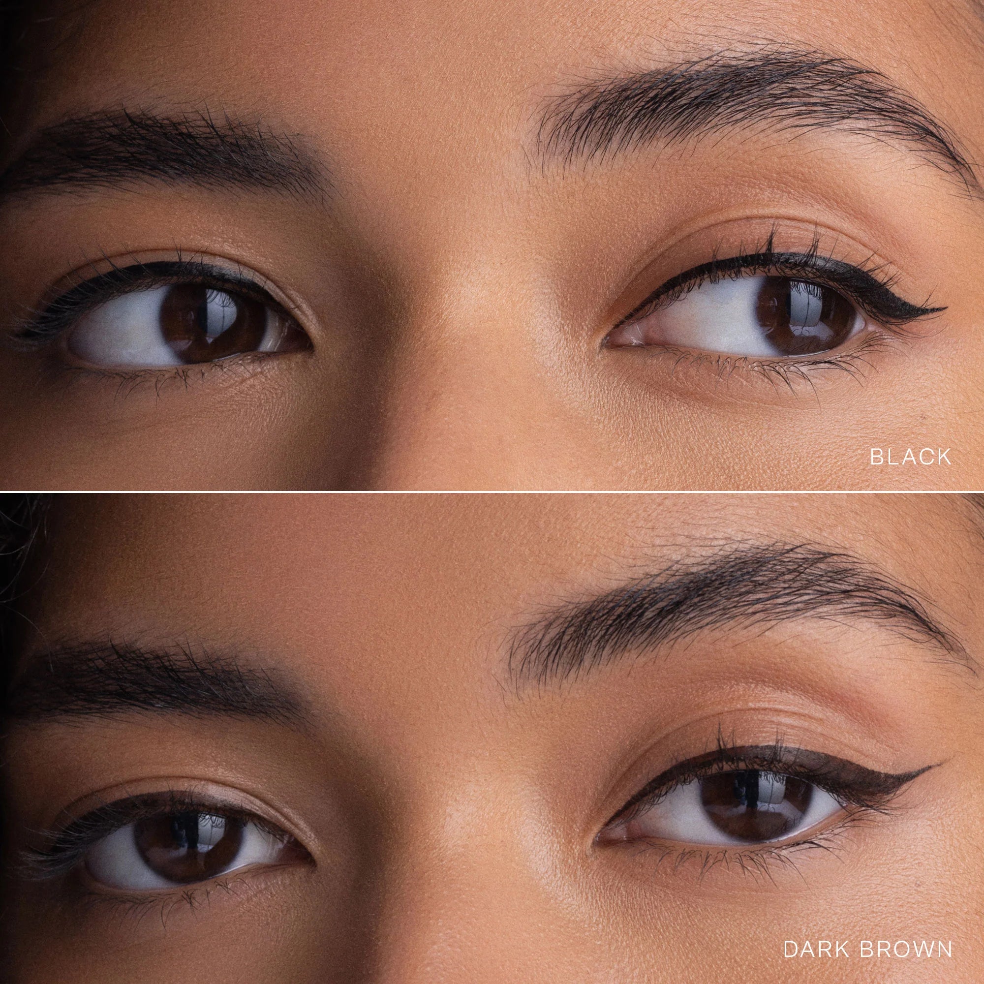 Close-up of eyes with black and dark brown eyeliner on a neutral background