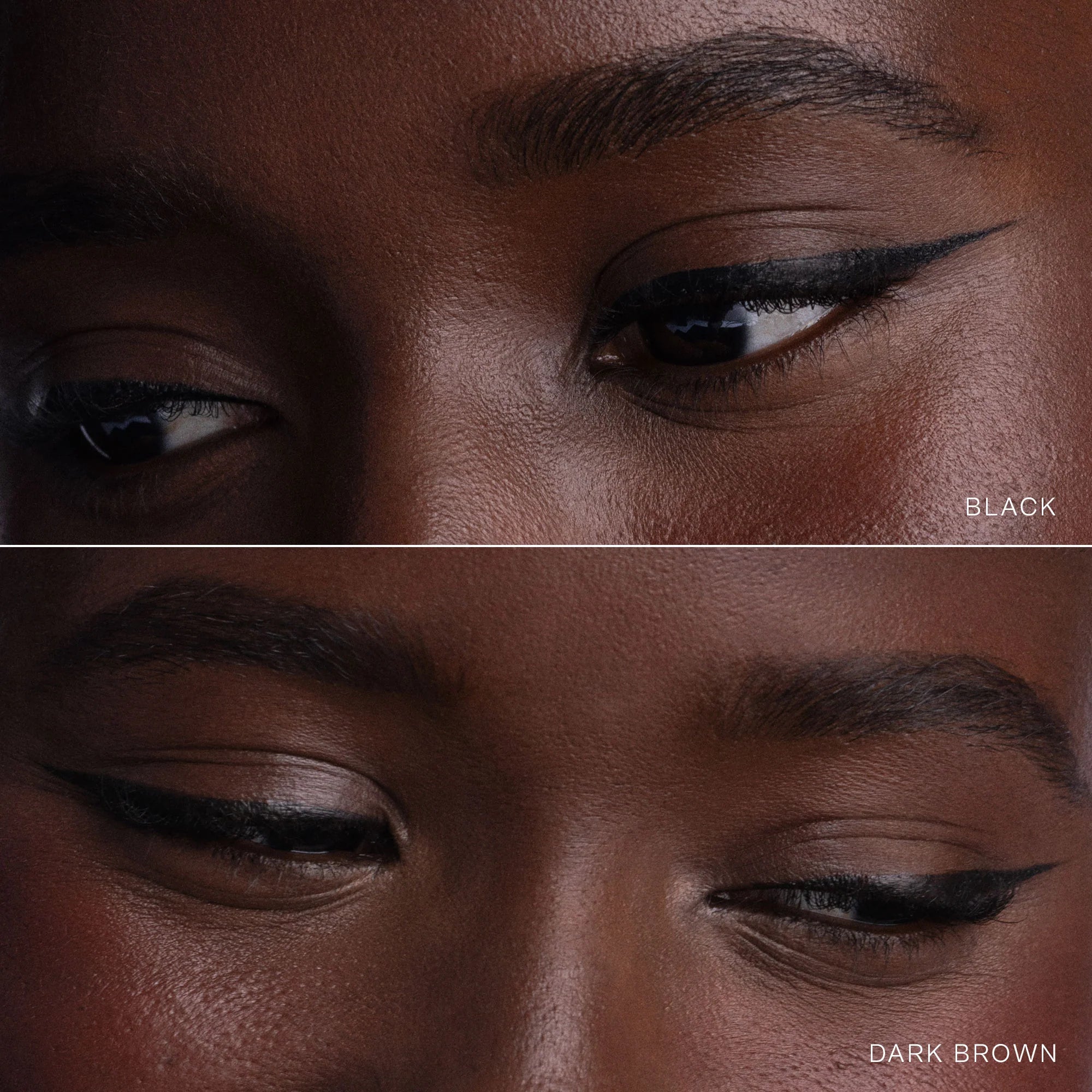 Close-up of eyes with black and dark brown eyeliner on a dark background