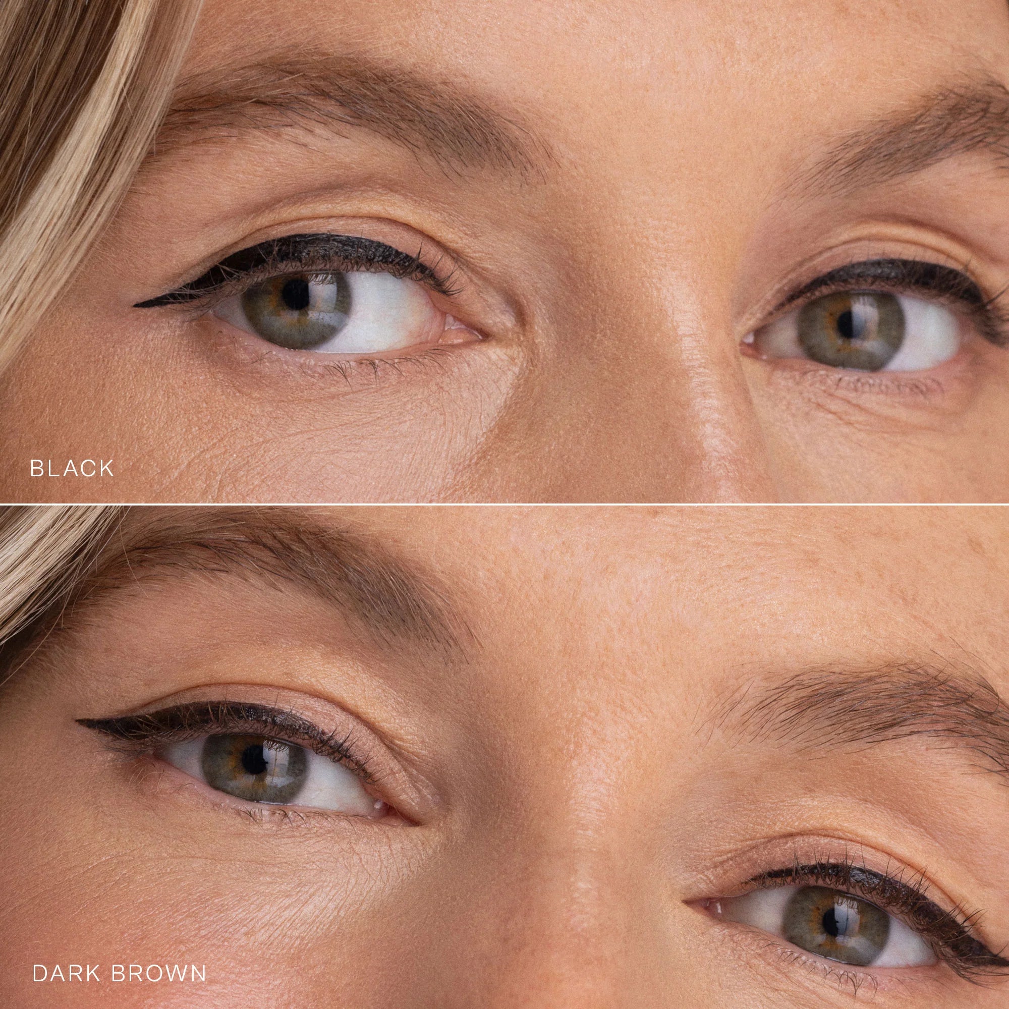 Close-up of eyes with black and dark brown eyeliner on a neutral background