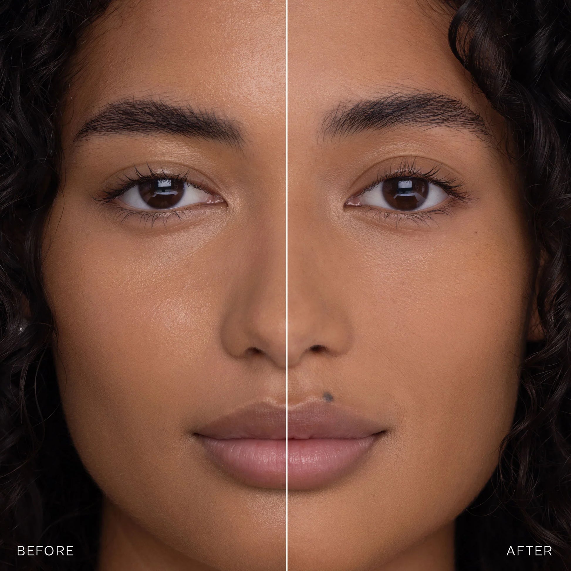 Before and after comparison of a woman's face with dark skin tones.