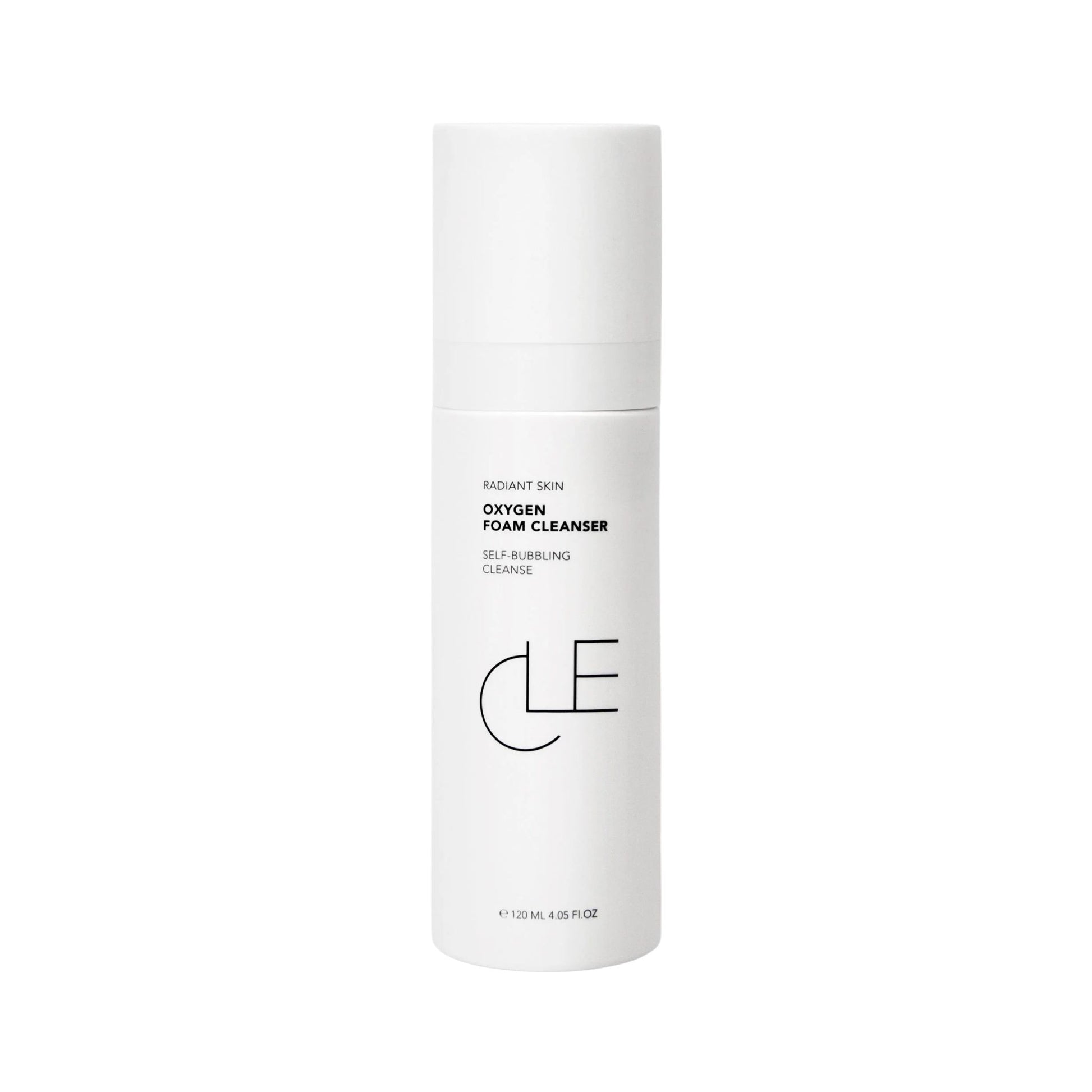 White bottle of CLE Oxygen Foam Cleanser on a white background