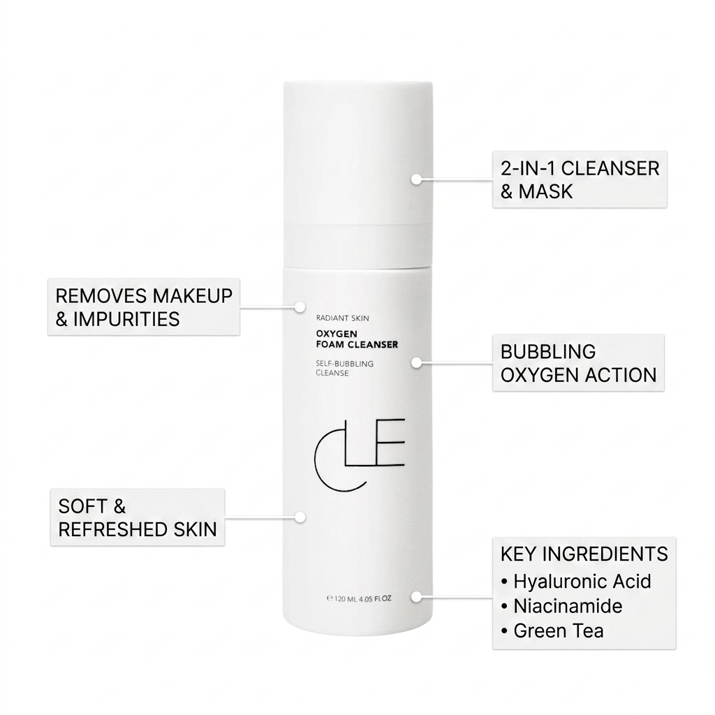 Oxygen foam cleanser with labeled features and ingredients on a white background