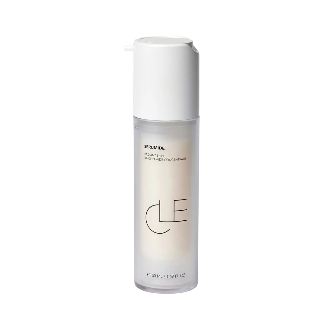 Skincare serum bottle with white cap and visible brand logo on a white background